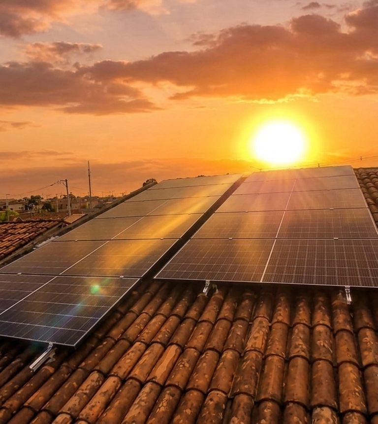Painéis solares em telhado ao pôr do sol